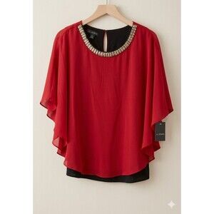 I.N. Studio red layered blouse featuring a sheer chiffon overlay beaded  Neck M